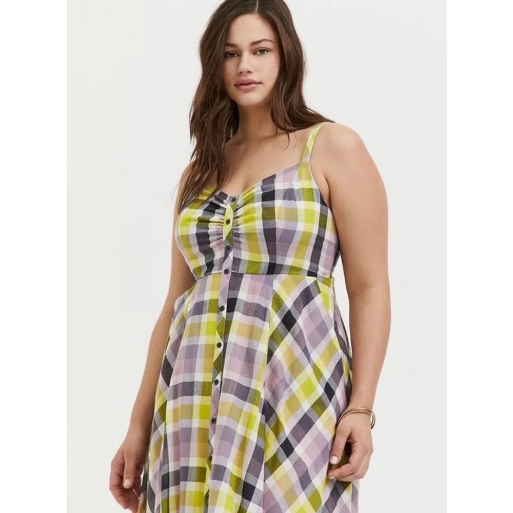 Torrid Plaid Challis Button Front Midi Dress Size 3 Yellow Purple - Picture 2 of 7